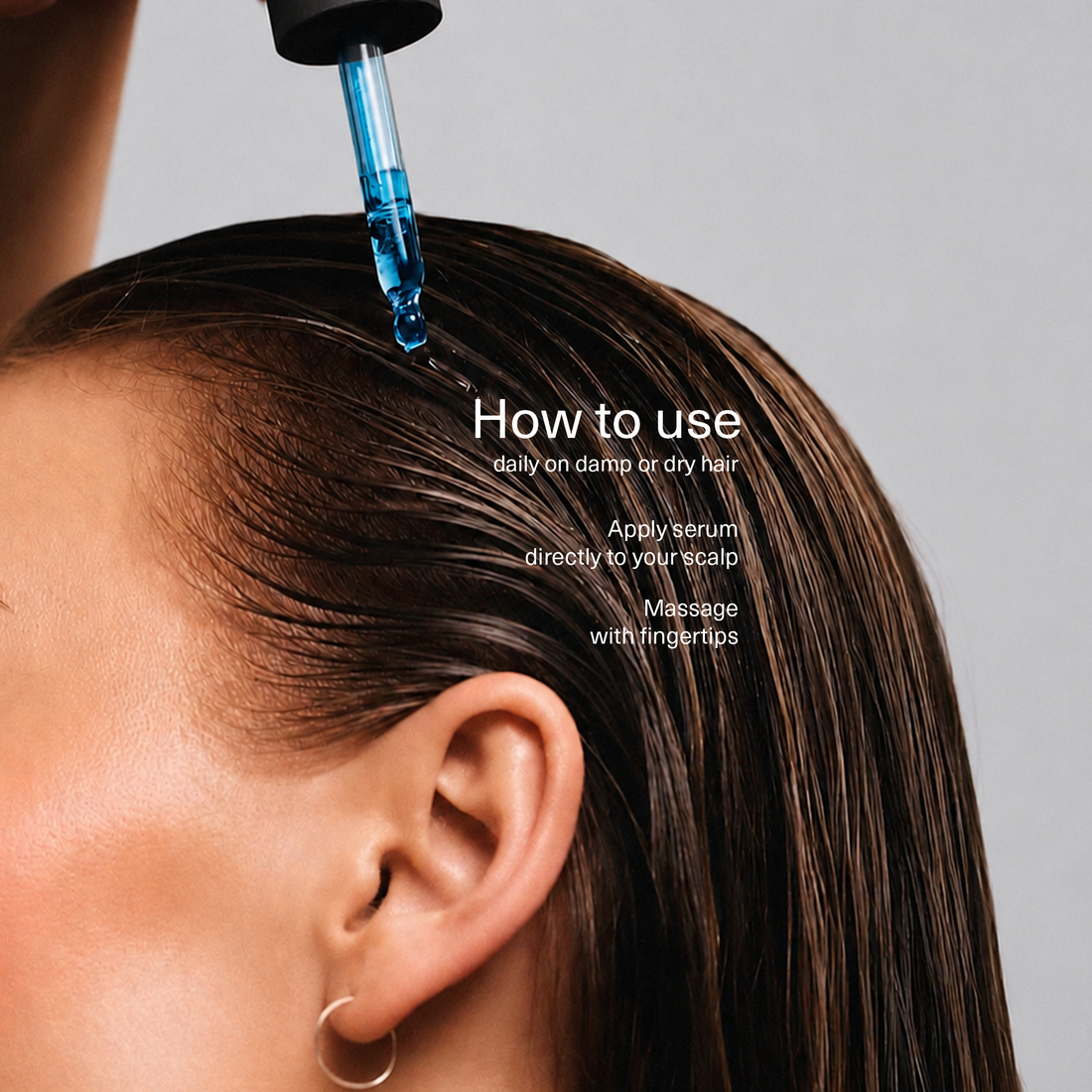 Dropper applying blue Bloom serum to the scalp along a part, with how-to-use steps: daily on damp or dry hair, apply directly to the scalp, massage with fingertips
